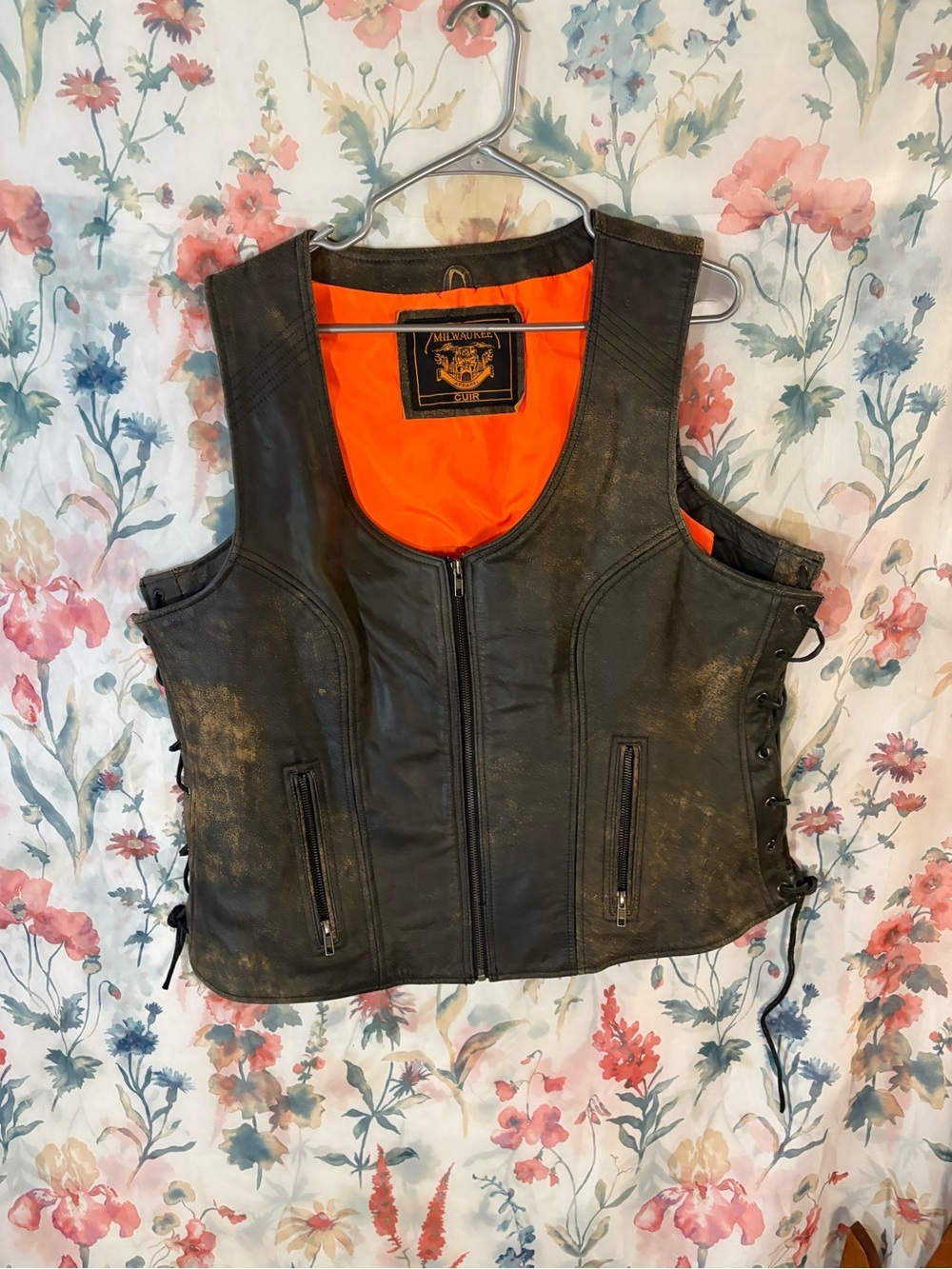 Men's Black Leather Vest with Orange Lining
